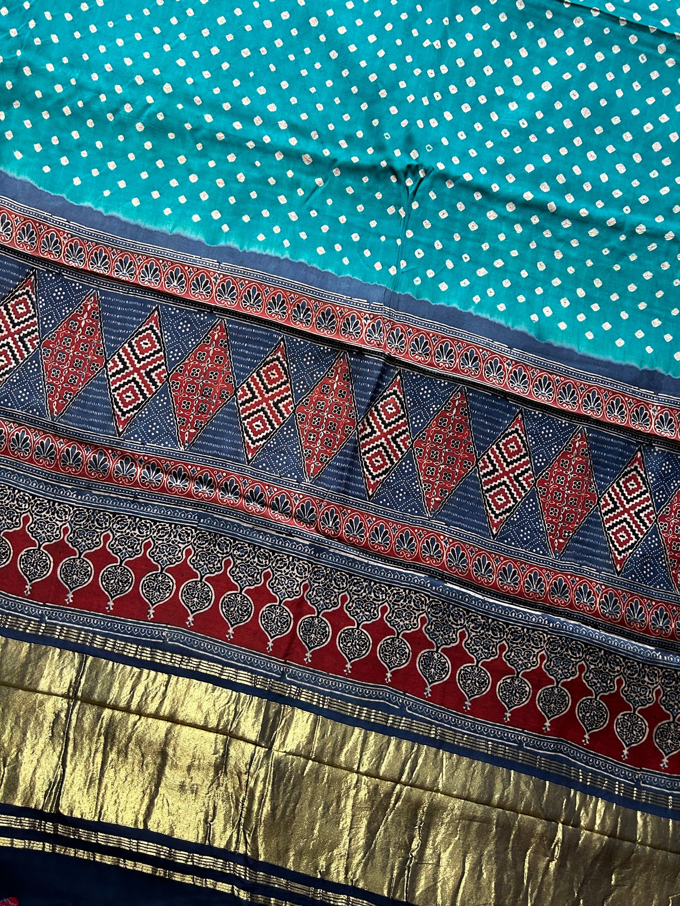 Sapphire:Handmade  Bandhej Ajrakh  tissue Saree