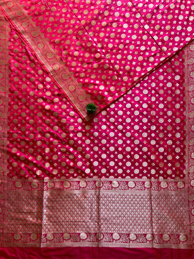 Meghna: Pink,Handloom Pure Katan Silk Banarsee Saree.