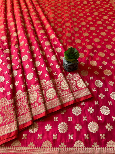 Meghna: Pink,Handloom Pure Katan Silk Banarsee Saree.