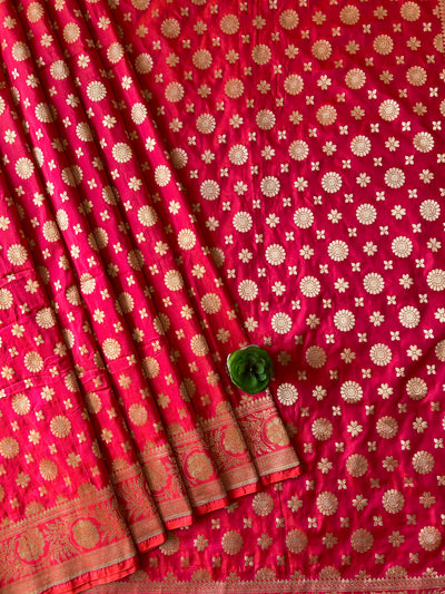 Meghna: Pink,Handloom Pure Katan Silk Banarsee Saree.