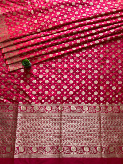 Meghna: Pink,Handloom Pure Katan Silk Banarsee Saree.