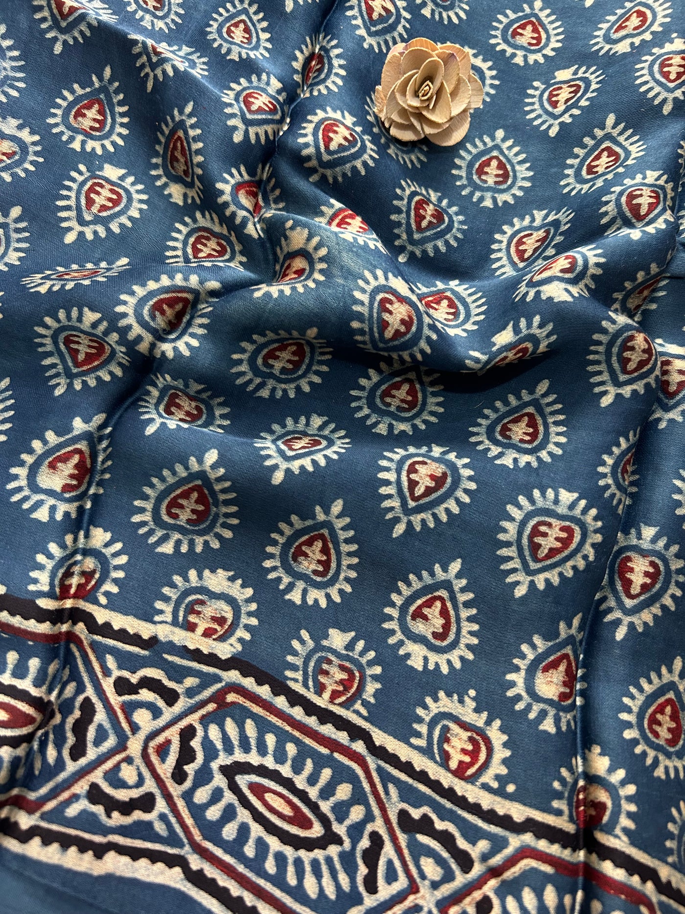 Neelima: Handblock Modal Silk Tissue Ajrakh Saree