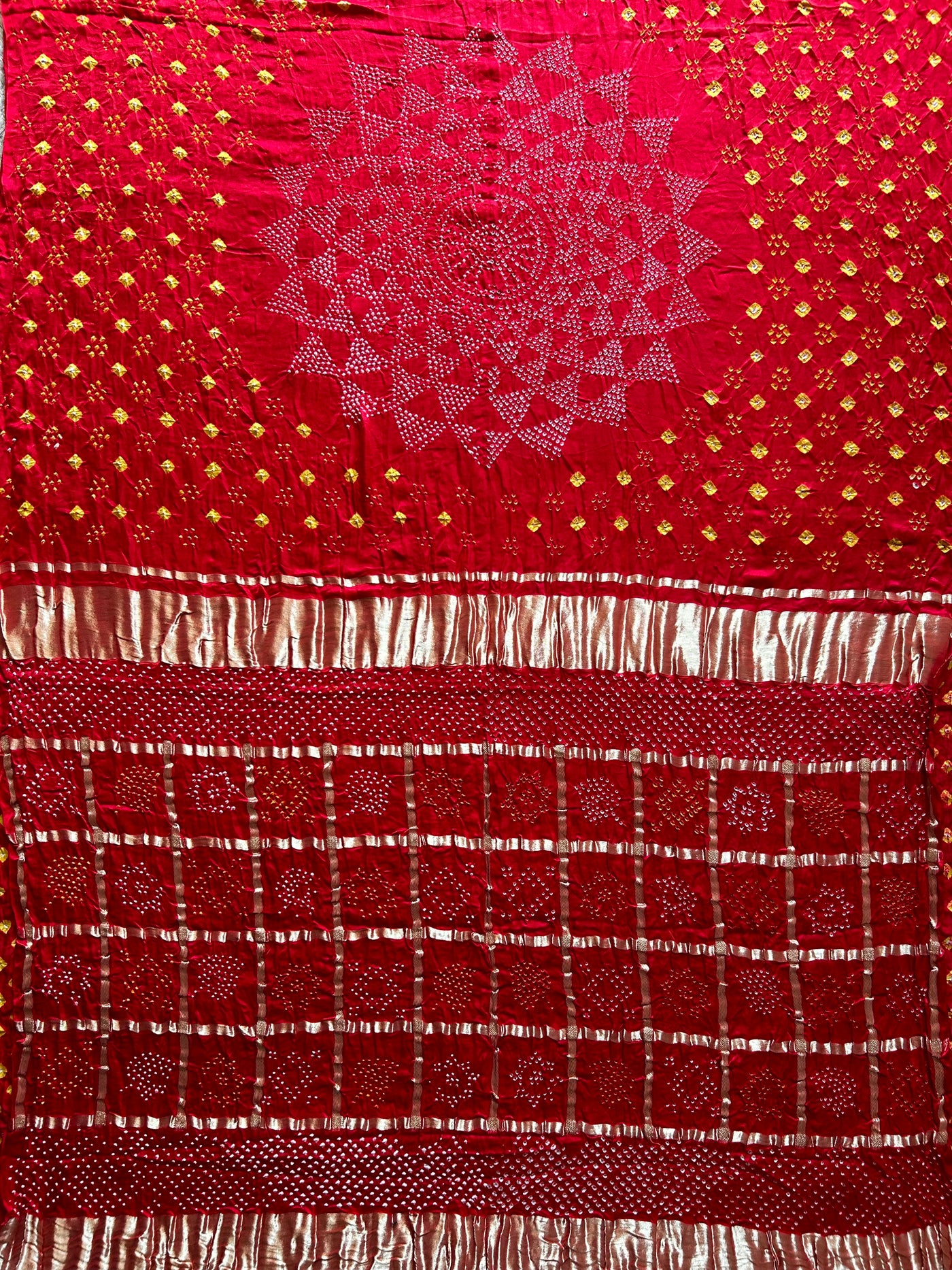 Radhika: Red, Pure Gajji Silk Rai dana Double Shade designer Bandhani Gharchola Saree.