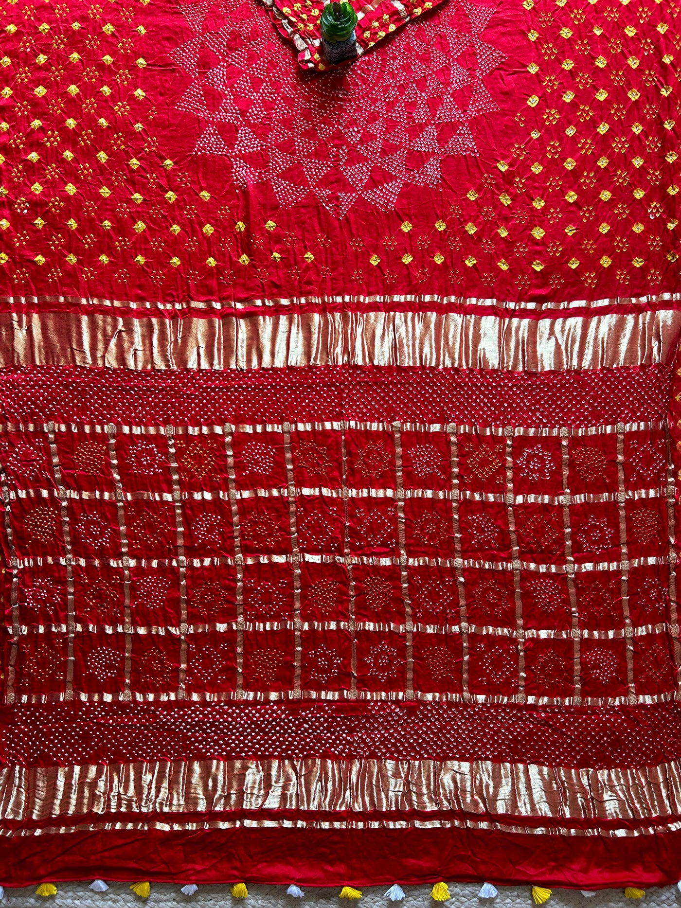 Radhika: Red, Pure Gajji Silk Rai dana Double Shade designer Bandhani Gharchola Saree.