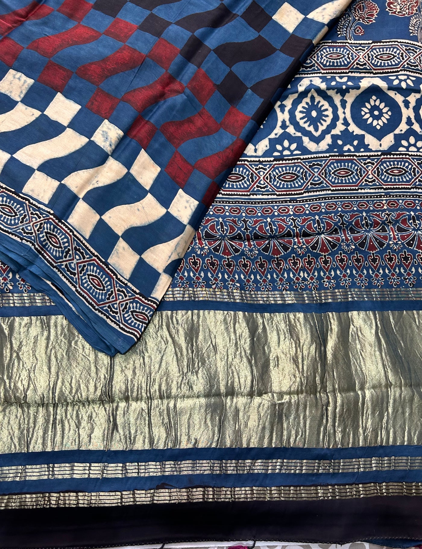 Neelima: Handblock Modal Silk Tissue Ajrakh Saree