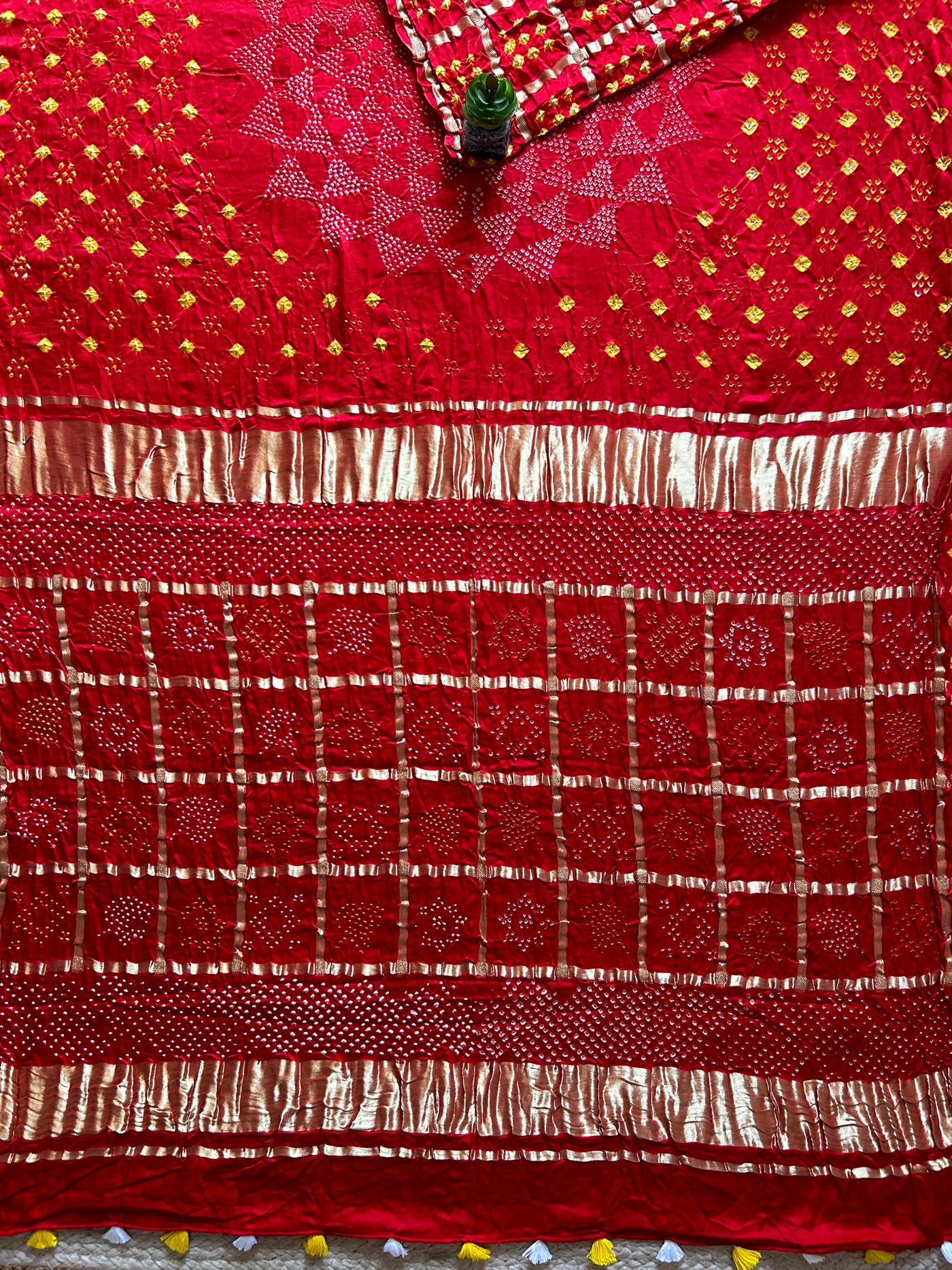 Radhika: Red, Pure Gajji Silk Rai dana Double Shade designer Bandhani Gharchola Saree.