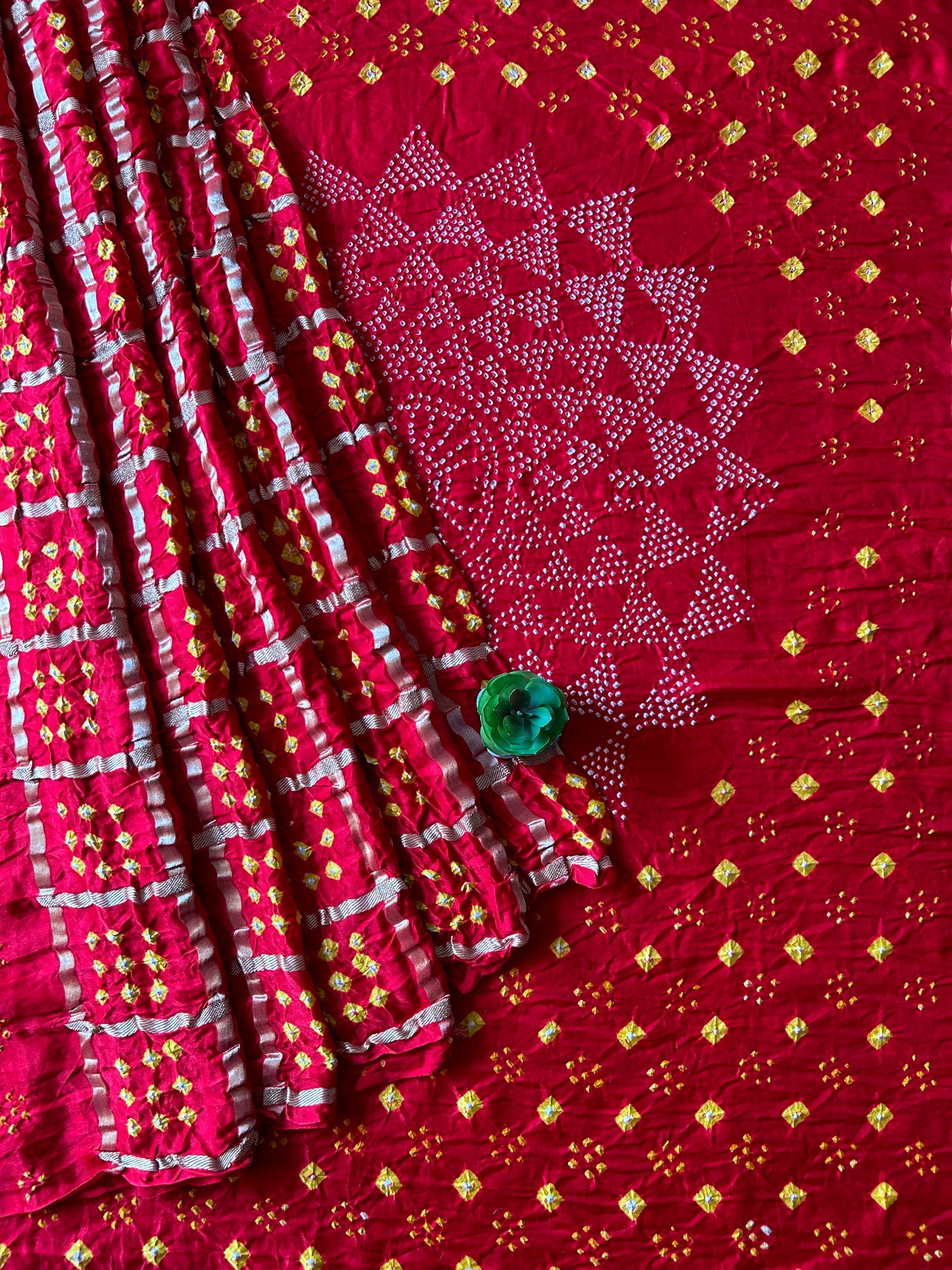 Radhika: Red, Pure Gajji Silk Rai dana Double Shade designer Bandhani Gharchola Saree.