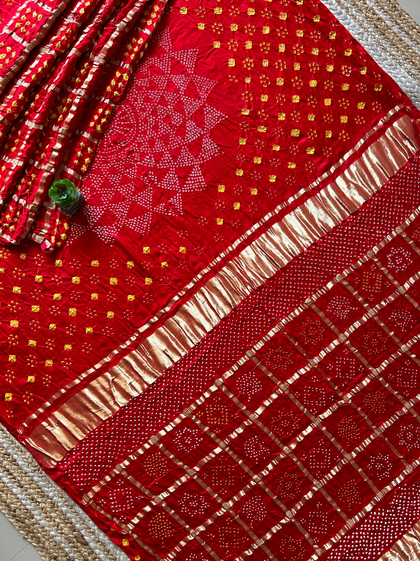 Radhika: Red, Pure Gajji Silk Rai dana Double Shade designer Bandhani Gharchola Saree.