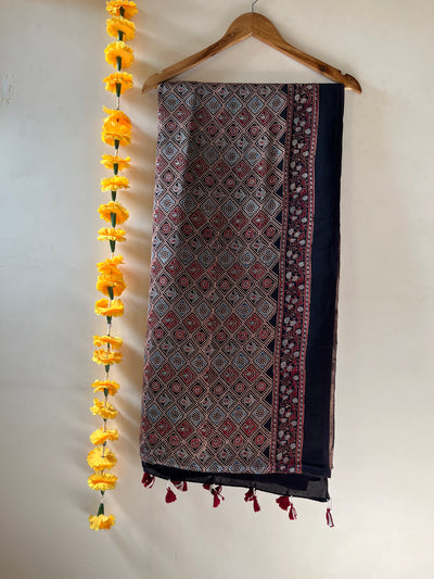 MASAKALI: HANDBLOCK AJRAKH MODAL SILK SAREE WITH TISSUE PALLU