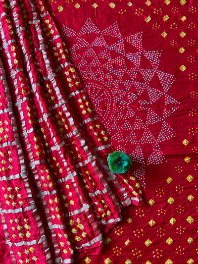 Radhika: Red, Pure Gajji Silk Rai dana Double Shade designer Bandhani Gharchola Saree.