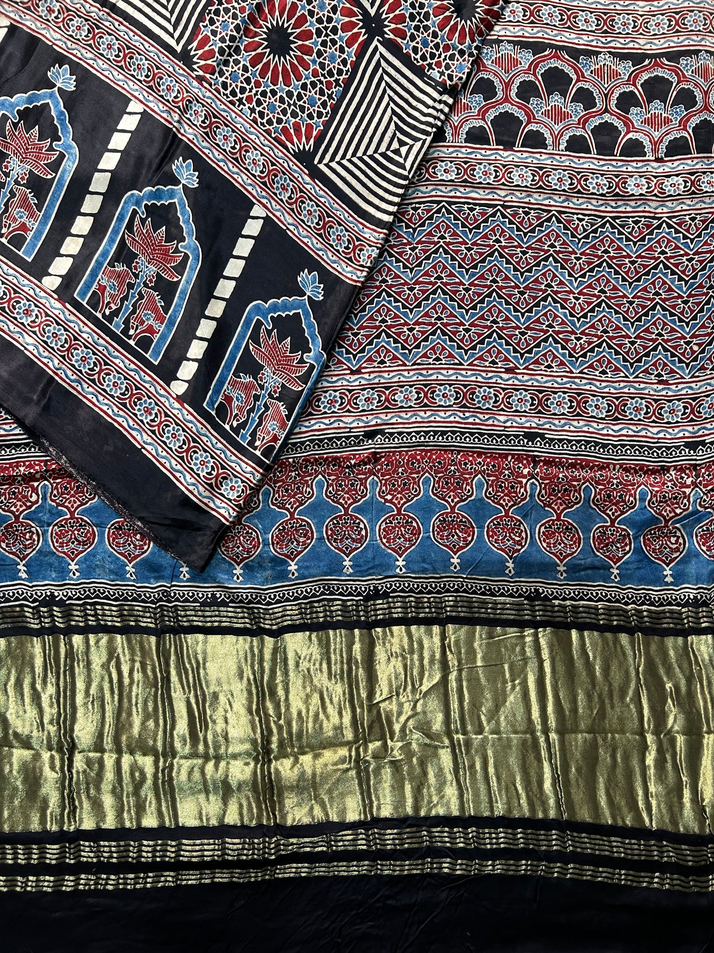 AARSHI: Handblock Modal Silk Tissue Ajrakh Saree