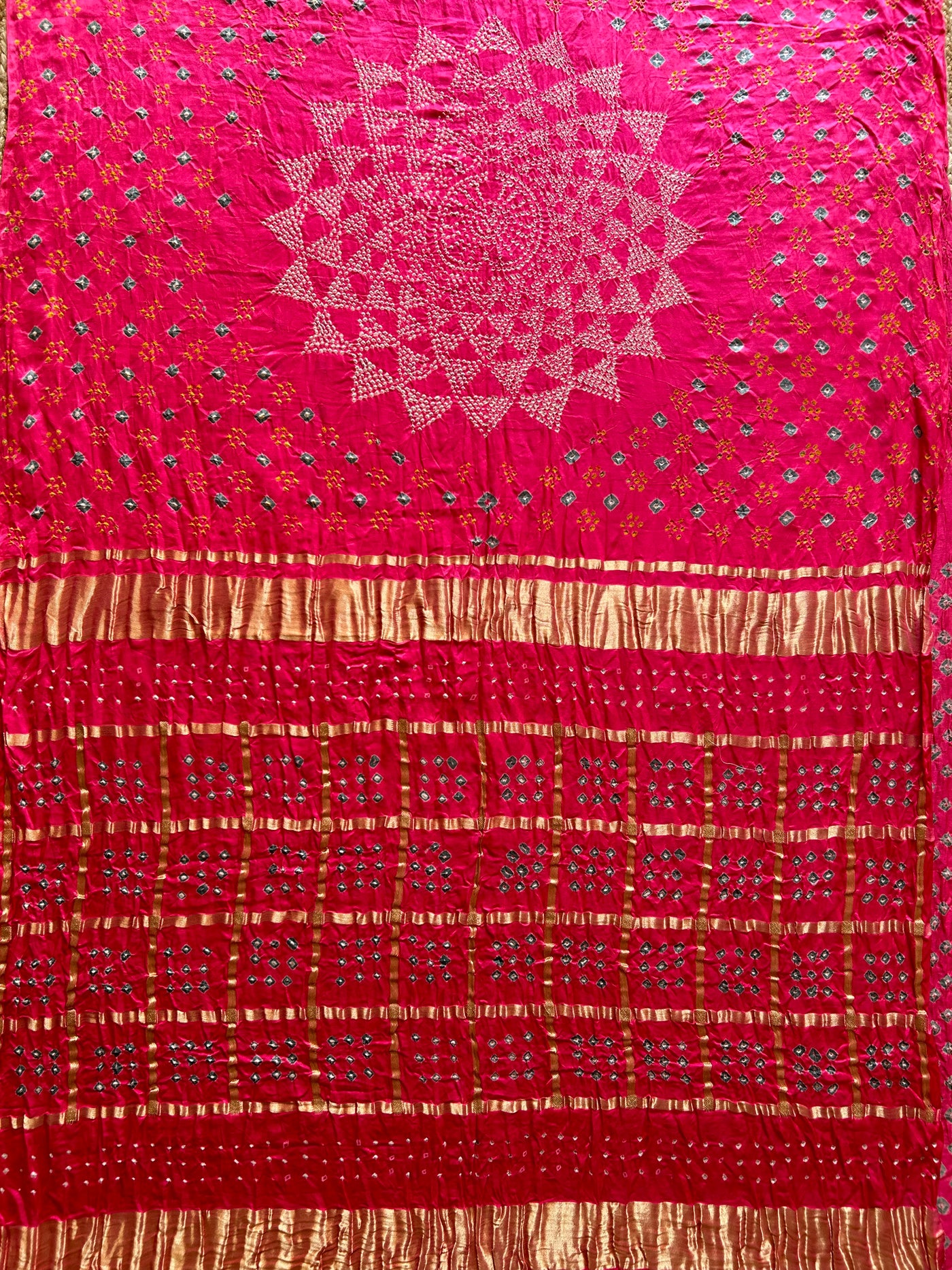 Agrima:Pink, Pure Gajji Silk Rai dana Double Shade designer Bandhani Gharchola Saree.