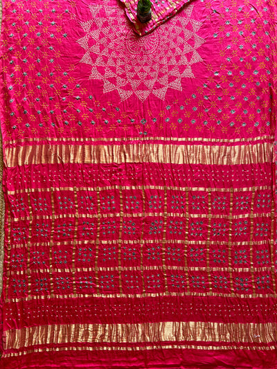 Agrima:Pink, Pure Gajji Silk Rai dana Double Shade designer Bandhani Gharchola Saree.