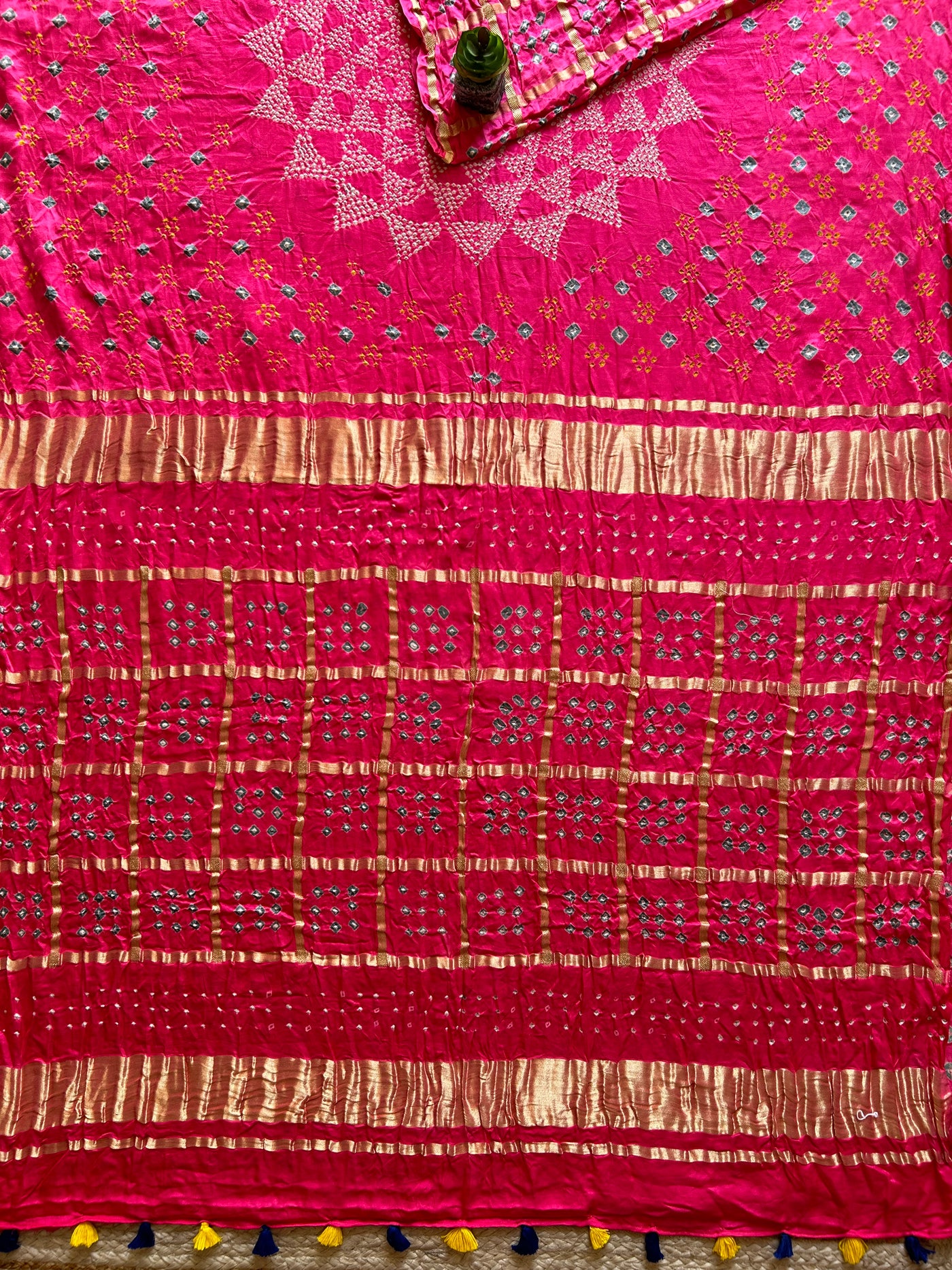 Agrima:Pink, Pure Gajji Silk Rai dana Double Shade designer Bandhani Gharchola Saree.