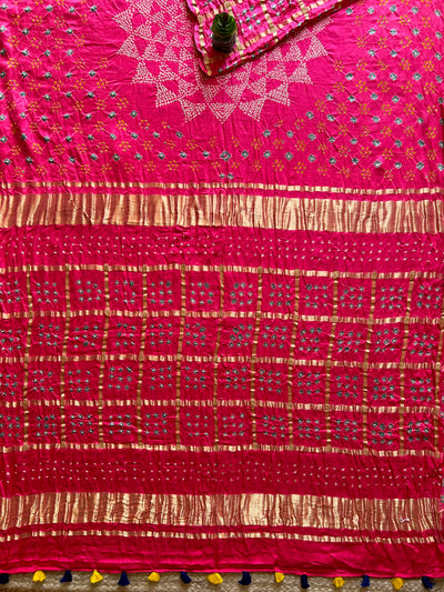 Agrima:Pink, Pure Gajji Silk Rai dana Double Shade designer Bandhani Gharchola Saree.