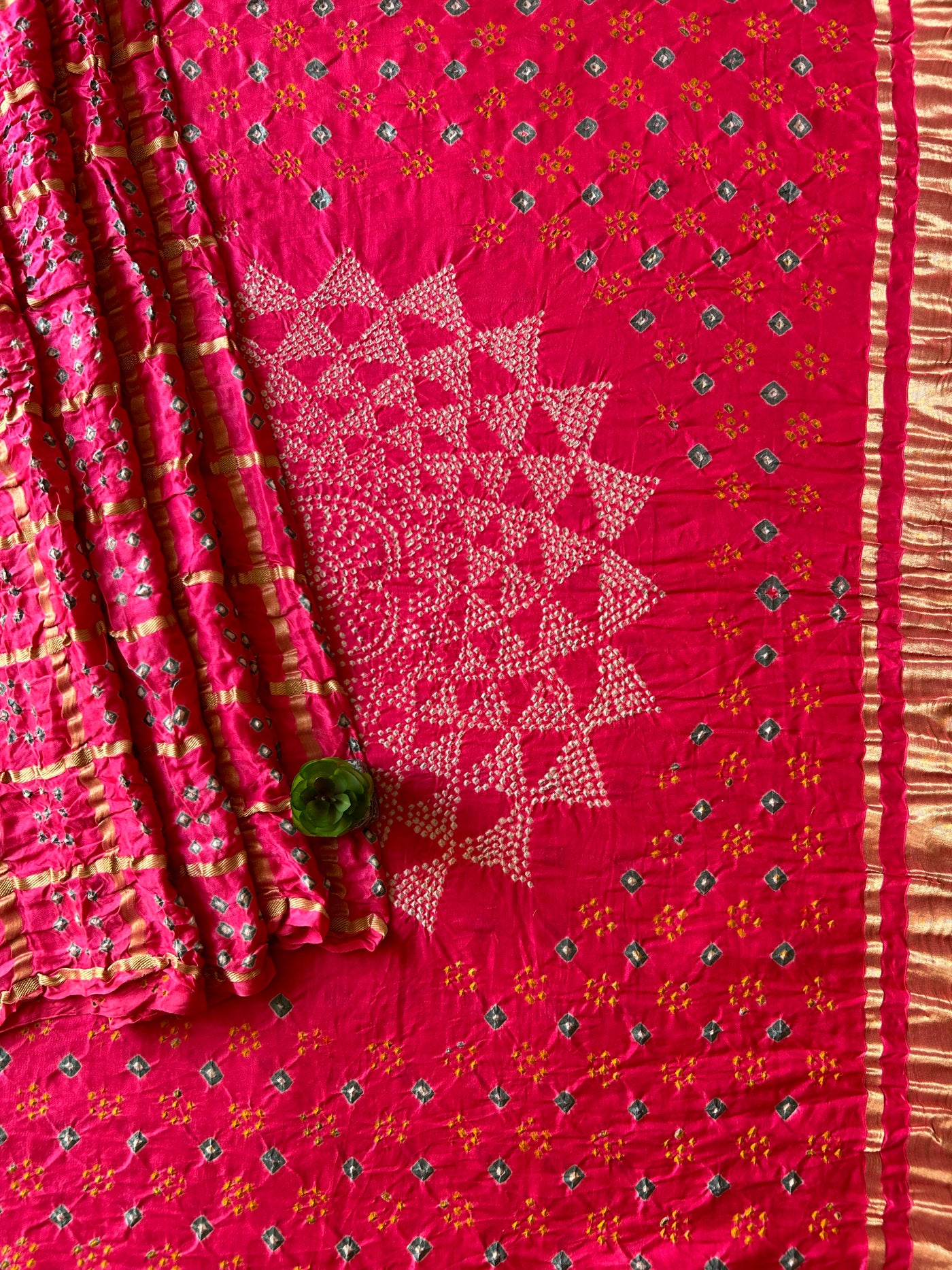 Agrima:Pink, Pure Gajji Silk Rai dana Double Shade designer Bandhani Gharchola Saree.