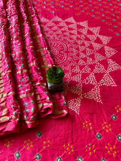 Agrima:Pink, Pure Gajji Silk Rai dana Double Shade designer Bandhani Gharchola Saree.