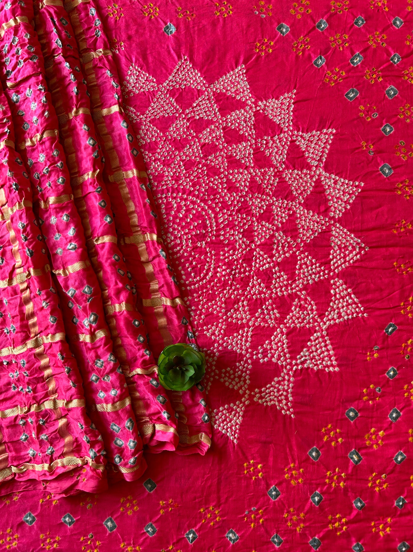 Agrima:Pink, Pure Gajji Silk Rai dana Double Shade designer Bandhani Gharchola Saree.