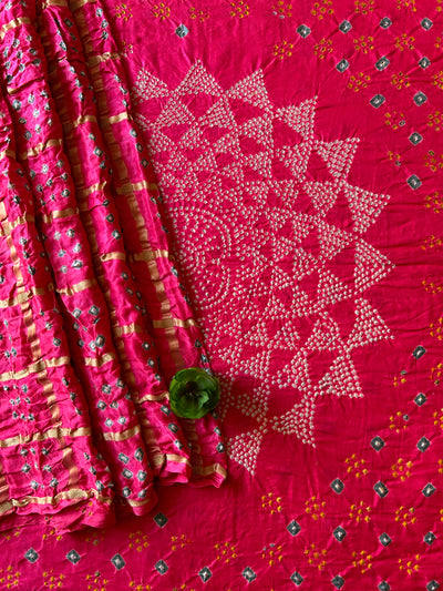 Agrima:Pink, Pure Gajji Silk Rai dana Double Shade designer Bandhani Gharchola Saree.