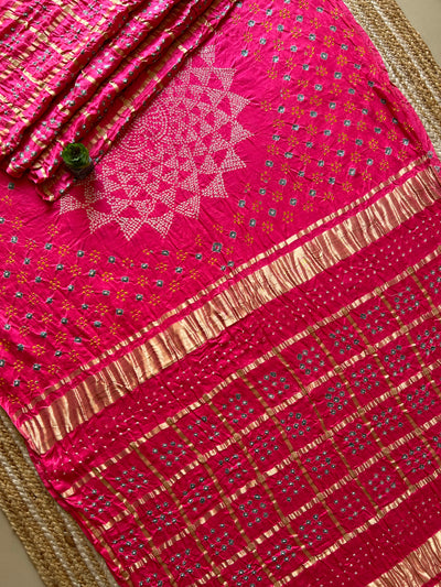 Agrima:Pink, Pure Gajji Silk Rai dana Double Shade designer Bandhani Gharchola Saree.