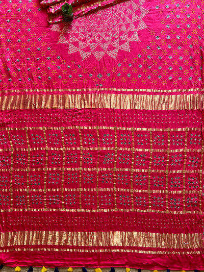 Agrima:Pink, Pure Gajji Silk Rai dana Double Shade designer Bandhani Gharchola Saree.