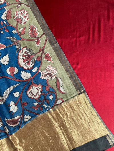 KAVYA: HAND DRAWN HAND PAINTED PEN KALAMKARI CHANDERI SILK  TISSUE DUPATTA WITH DYED MODAL SILK  SUIT SET