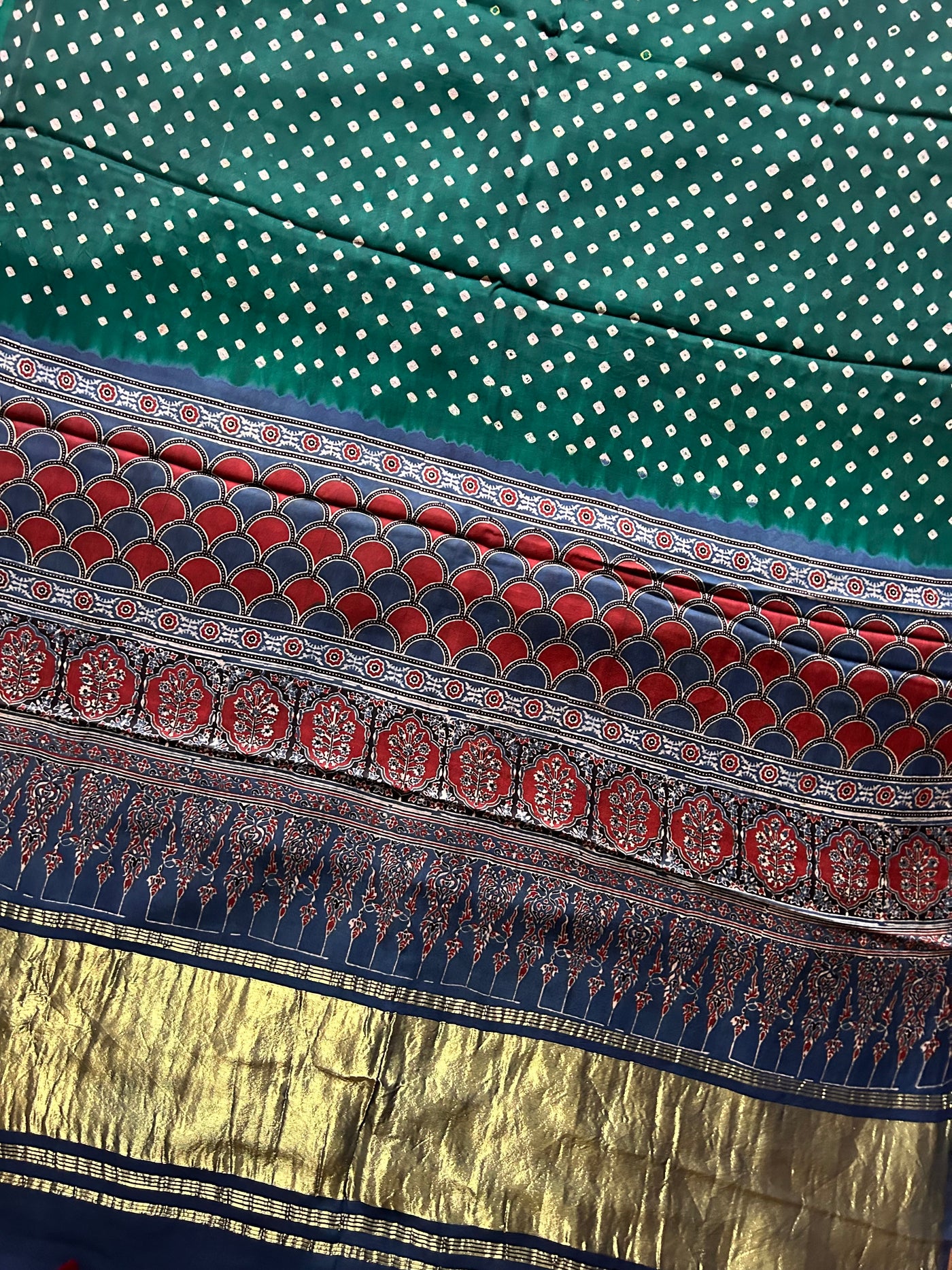 Emerald:Handmade  Bandhej Ajrakh  tissue Saree