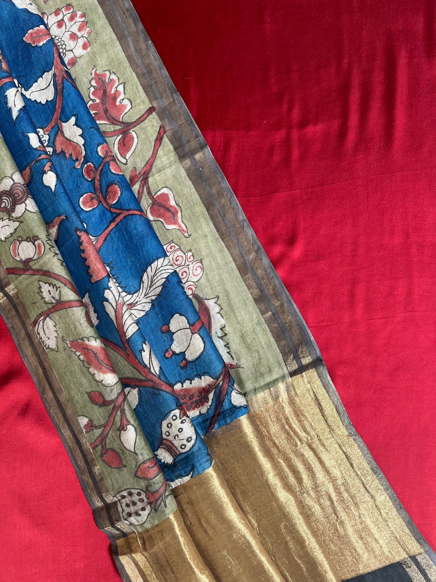 KAVYA: HAND DRAWN HAND PAINTED PEN KALAMKARI CHANDERI SILK  TISSUE DUPATTA WITH DYED MODAL SILK  SUIT SET