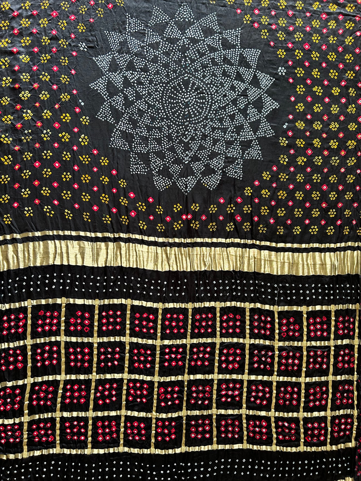 Kokila:Black, Pure Gajji Silk Rai dana Double Shade designer Bandhani Gharchola Saree.