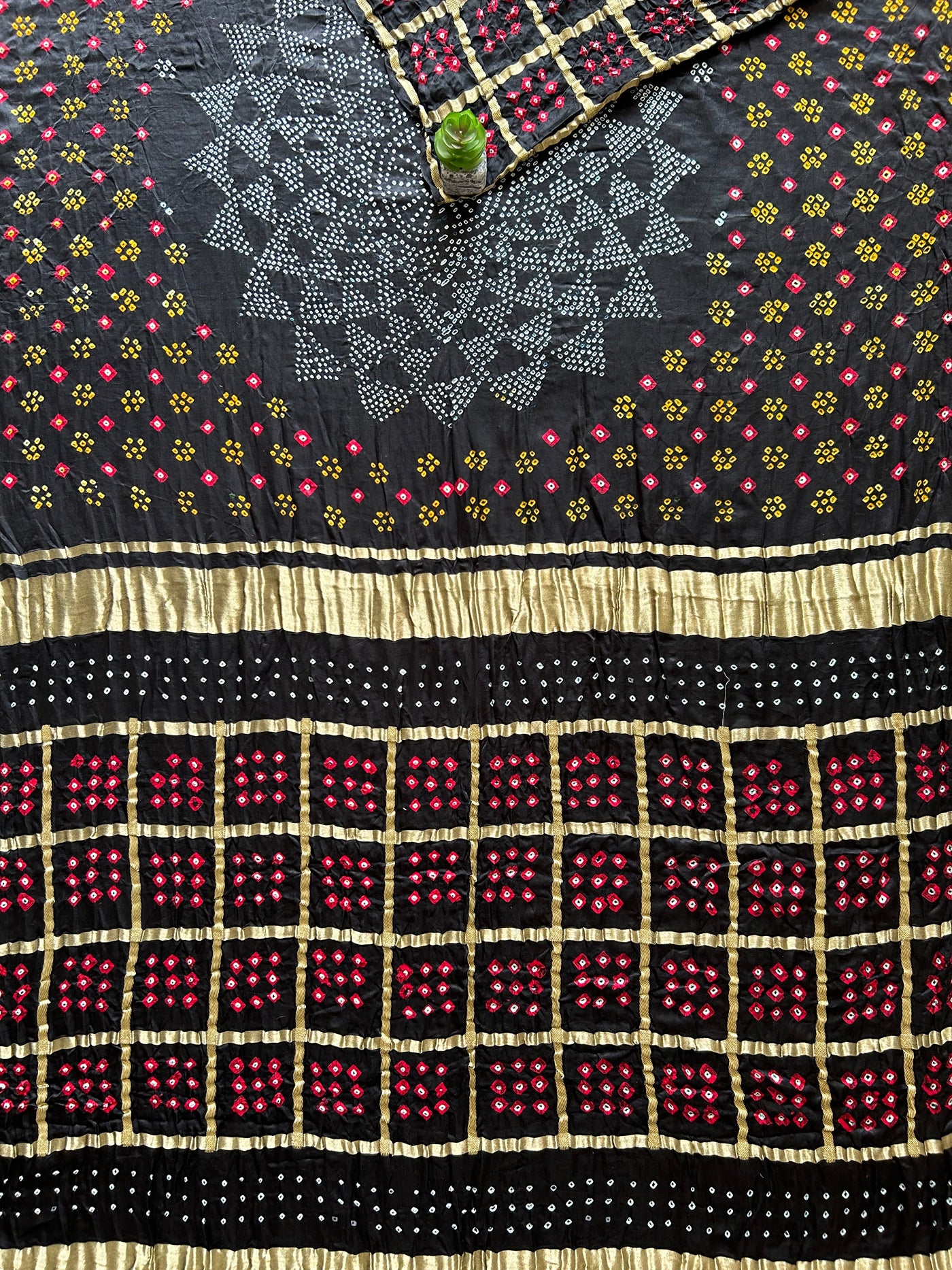 Kokila:Black, Pure Gajji Silk Rai dana Double Shade designer Bandhani Gharchola Saree.