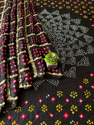 Kokila:Black, Pure Gajji Silk Rai dana Double Shade designer Bandhani Gharchola Saree.