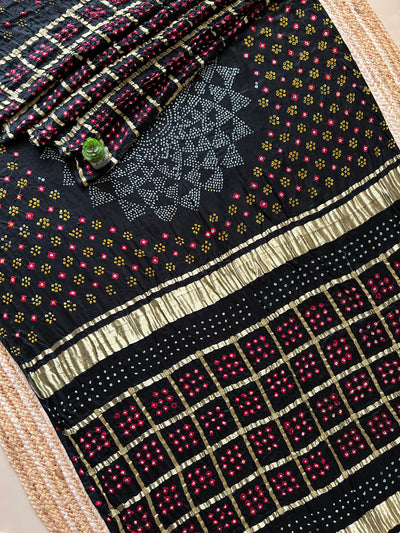 Kokila:Black, Pure Gajji Silk Rai dana Double Shade designer Bandhani Gharchola Saree.