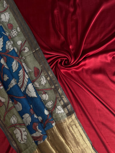 KAVYA: HAND DRAWN HAND PAINTED PEN KALAMKARI CHANDERI SILK  TISSUE DUPATTA WITH DYED MODAL SILK  SUIT SET