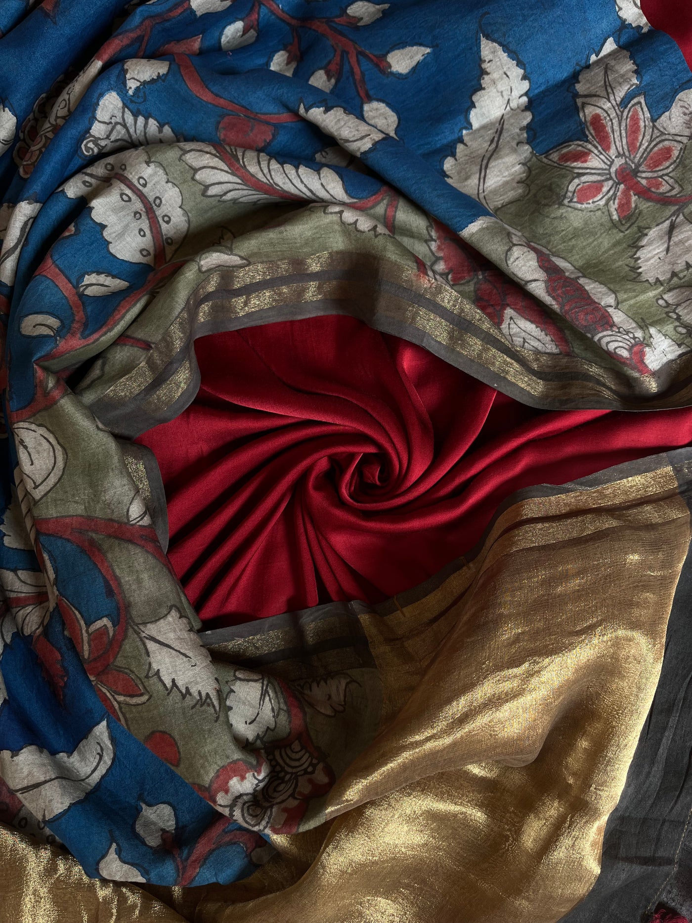KAVYA: HAND DRAWN HAND PAINTED PEN KALAMKARI CHANDERI SILK  TISSUE DUPATTA WITH DYED MODAL SILK  SUIT SET