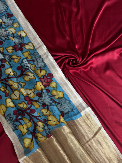 SUCHI : HAND DRAWN HAND PAINTED PEN KALAMKARI CHANDERI SILK  TISSUE DUPATTA WITH DYED MODAL SILK  SUIT SET