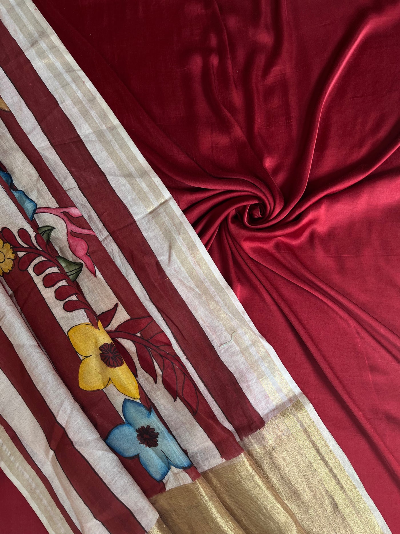 RAANJHANA : HAND DRAWN HAND PAINTED PEN KALAMKARI CHANDERI SILK  TISSUE DUPATTA WITH DYED MODAL SILK  SUIT SET