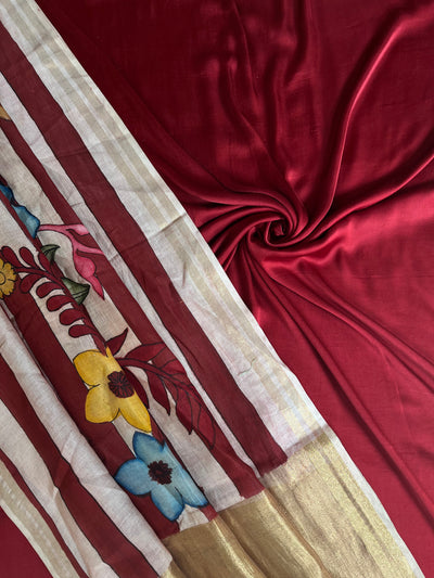 RAANJHANA : HAND DRAWN HAND PAINTED PEN KALAMKARI CHANDERI SILK  TISSUE DUPATTA WITH DYED MODAL SILK  SUIT SET