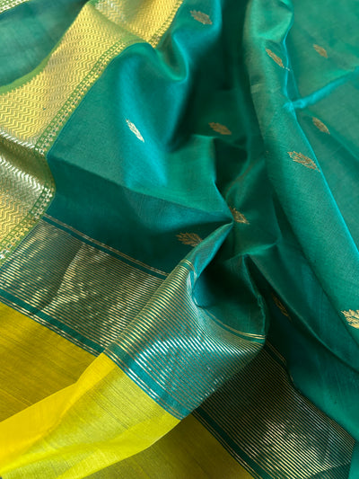 SHAILJA: Handloom Silk-Cott Maheshwari Saree With Zari Border.