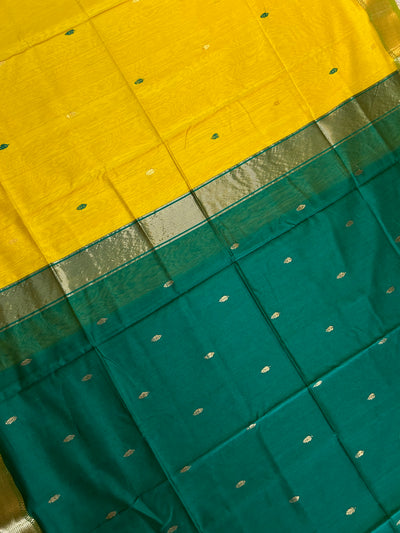 SHAILJA: Handloom Silk-Cott Maheshwari Saree With Zari Border.