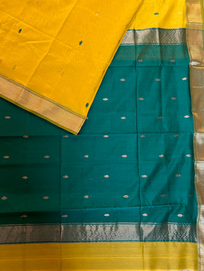 SHAILJA: Handloom Silk-Cott Maheshwari Saree With Zari Border.