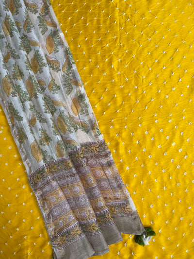 SUN SHINE: HANDBLOCK BAGRU CHANDERI SILK DUPATTA WITH DYED MODAL SILK BANDHANI SUIT SET