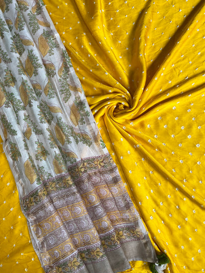 SUN SHINE: HANDBLOCK BAGRU CHANDERI SILK DUPATTA WITH DYED MODAL SILK BANDHANI SUIT SET