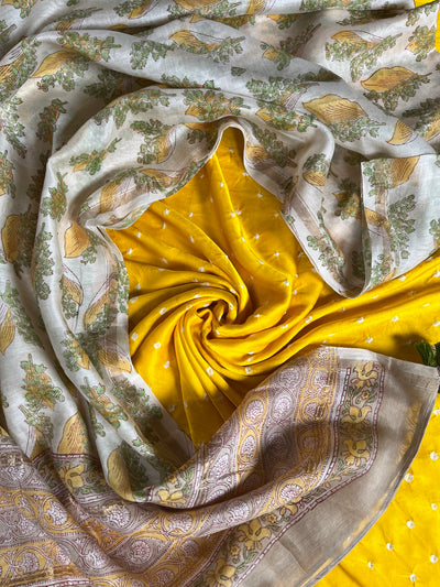 SUN SHINE: HANDBLOCK BAGRU CHANDERI SILK DUPATTA WITH DYED MODAL SILK BANDHANI SUIT SET