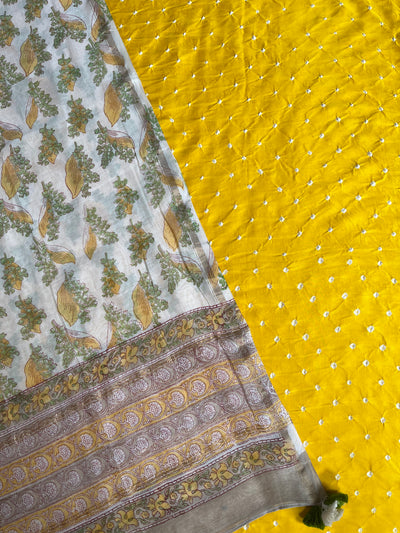 SUN SHINE: HANDBLOCK BAGRU CHANDERI SILK DUPATTA WITH DYED MODAL SILK BANDHANI SUIT SET