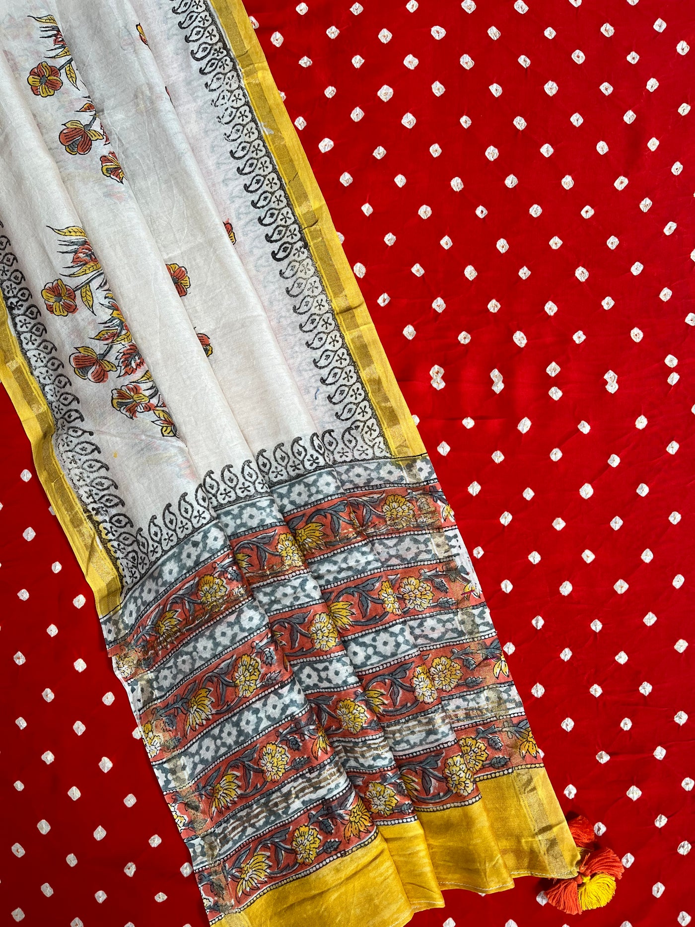 NARANGI: HANDBLOCK BAGRU CHANDERI SILK DUPATTA WITH DYED MODAL SILK BANDHANI SUIT SET