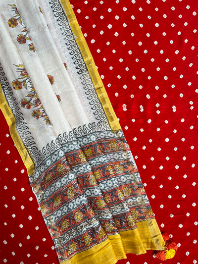 NARANGI: HANDBLOCK BAGRU CHANDERI SILK DUPATTA WITH DYED MODAL SILK BANDHANI SUIT SET