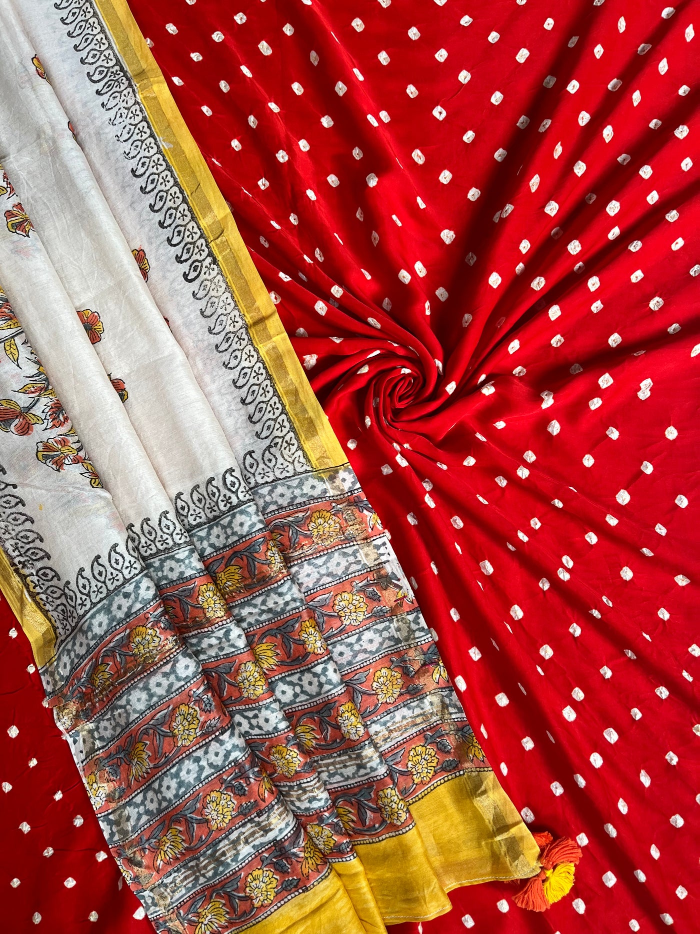 NARANGI: HANDBLOCK BAGRU CHANDERI SILK DUPATTA WITH DYED MODAL SILK BANDHANI SUIT SET