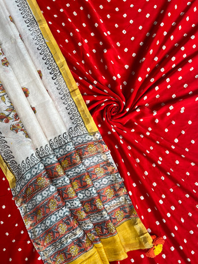 NARANGI: HANDBLOCK BAGRU CHANDERI SILK DUPATTA WITH DYED MODAL SILK BANDHANI SUIT SET