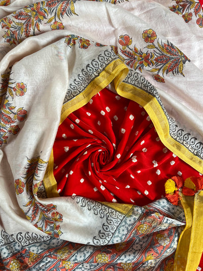NARANGI: HANDBLOCK BAGRU CHANDERI SILK DUPATTA WITH DYED MODAL SILK BANDHANI SUIT SET