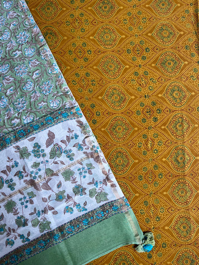 JUHI: HANDBLOCK PRINTED AJRAKH COTTON 3 PIECE SUIT SET WITH CHANDERI DUPATTA